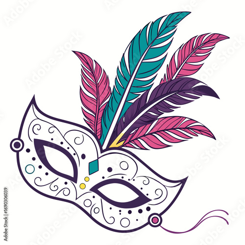 Ornate venetian masquerade mask adorned with vibrant colorful feathers and intricate swirling patterns on a white background