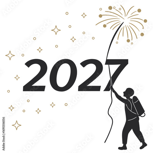 Person igniting fireworks to celebrate the arrival of the year 2027 with sparkling stars and confetti