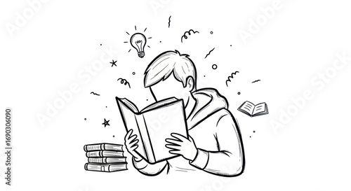 Bild auf Leinwand Young person engrossed in reading a book, surrounded by symbols of knowledge and ideas