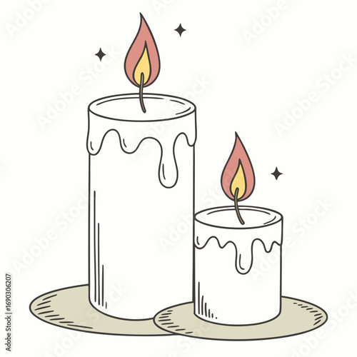 Two charming hand drawn candles with dripping wax and glowing flames on a light background with subtle sparkles