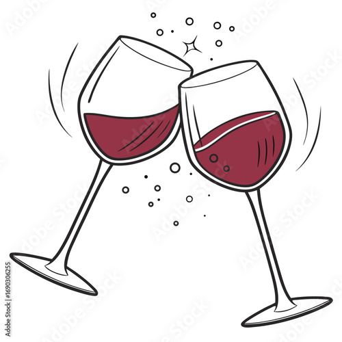 Two wine glasses filled with red wine clinking together in a celebratory toast with bubbles and sparkles