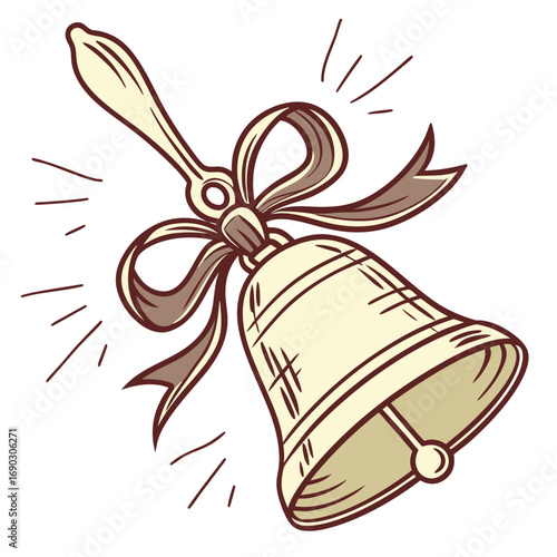 Vintage hand bell with a decorative ribbon tied around its neck ringing with sound waves emanating outwards