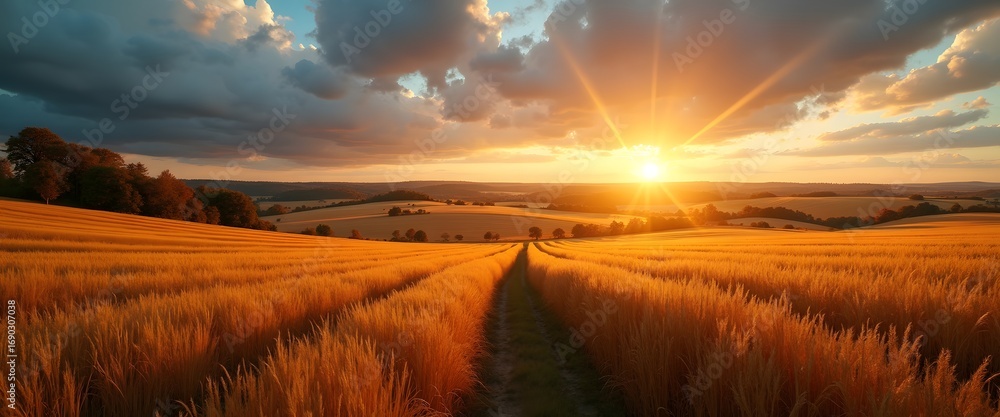 Obraz premium Golden wheat field at sunset with dramatic clouds