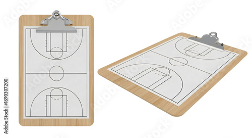 Wooden Clipboard with Basketball Court Diagram.
