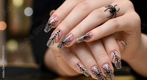 Woman's hands with halloween nail art, spider web design