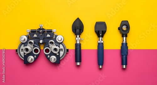 Ophthalmology equipment for eye examination on colorful background