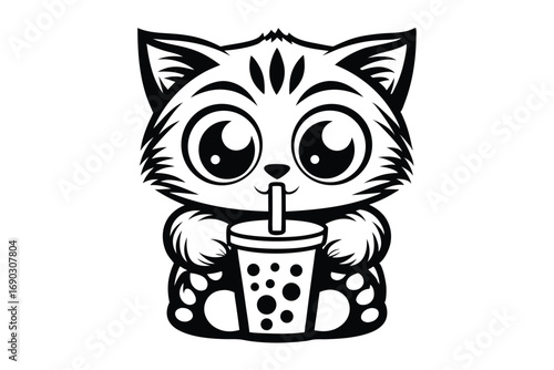 Black and white cartoon cat drinks bubble tea with a straw happily