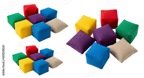 Colorful Cube-Shaped Cushions in Various Arrangements.