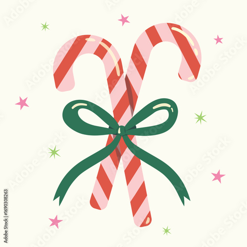 Vector illustration of Christmas candy canes with green ribbon. Merry Christmas and happy new year season.