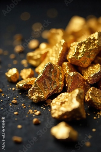 Gleaming gold nuggets, rough and raw, scattered on a dark textured surface Close-up shot highlighting the natural beauty and metallic sheen of the precious metal , gold, gold background