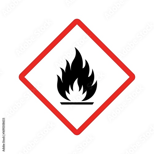 Flammable hazard warning symbol in red diamond for product safety labels and regulatory compliance guides