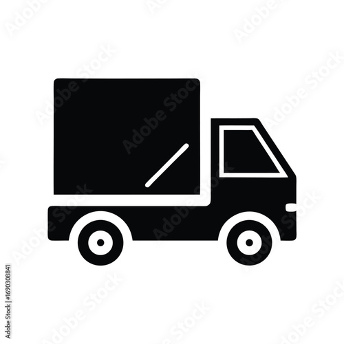 Black delivery truck icon shows simple transportation for shipment of goods, supplies