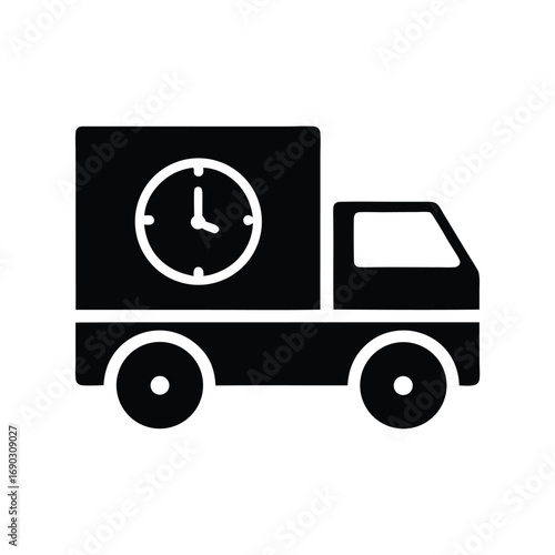 Black delivery truck with clock indicates on time arrival for efficient services