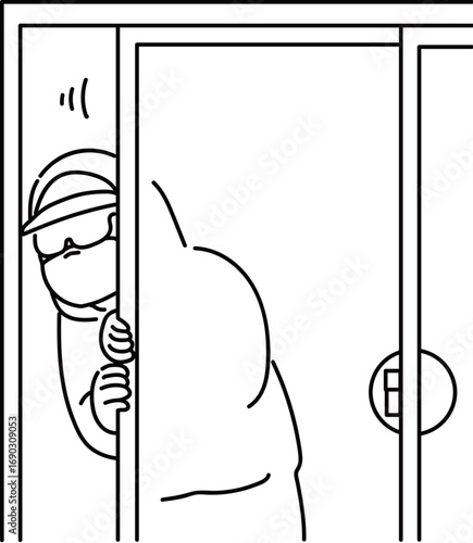 窓の鍵を開け忍び込もうとする泥棒_線画
