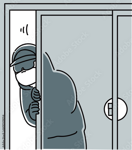 窓の鍵を開け忍び込もうとする泥棒_単色