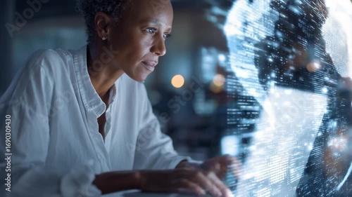 Tech Savvy Specialist: A focused woman, a tech specialist, engaging with cutting-edge technology interface within a futuristic environment, showcasing her expertise and technological advancements.