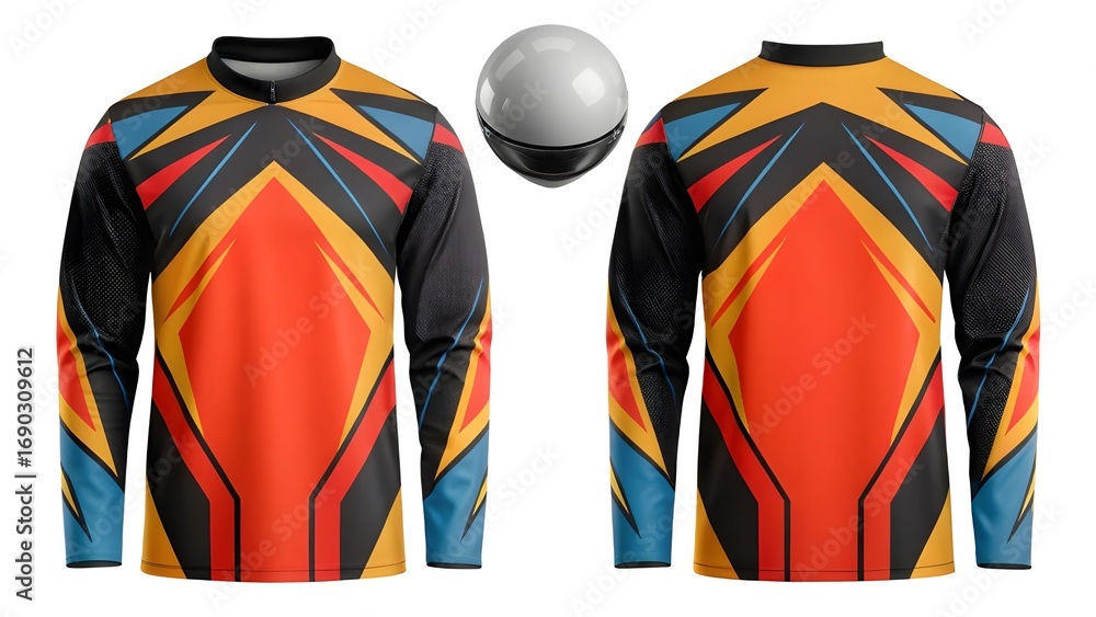Naklejka premium Long sleeve jersey mockup, front and back view, with helmet, designed for motocross or cycling apparel, vibrant abstract pattern