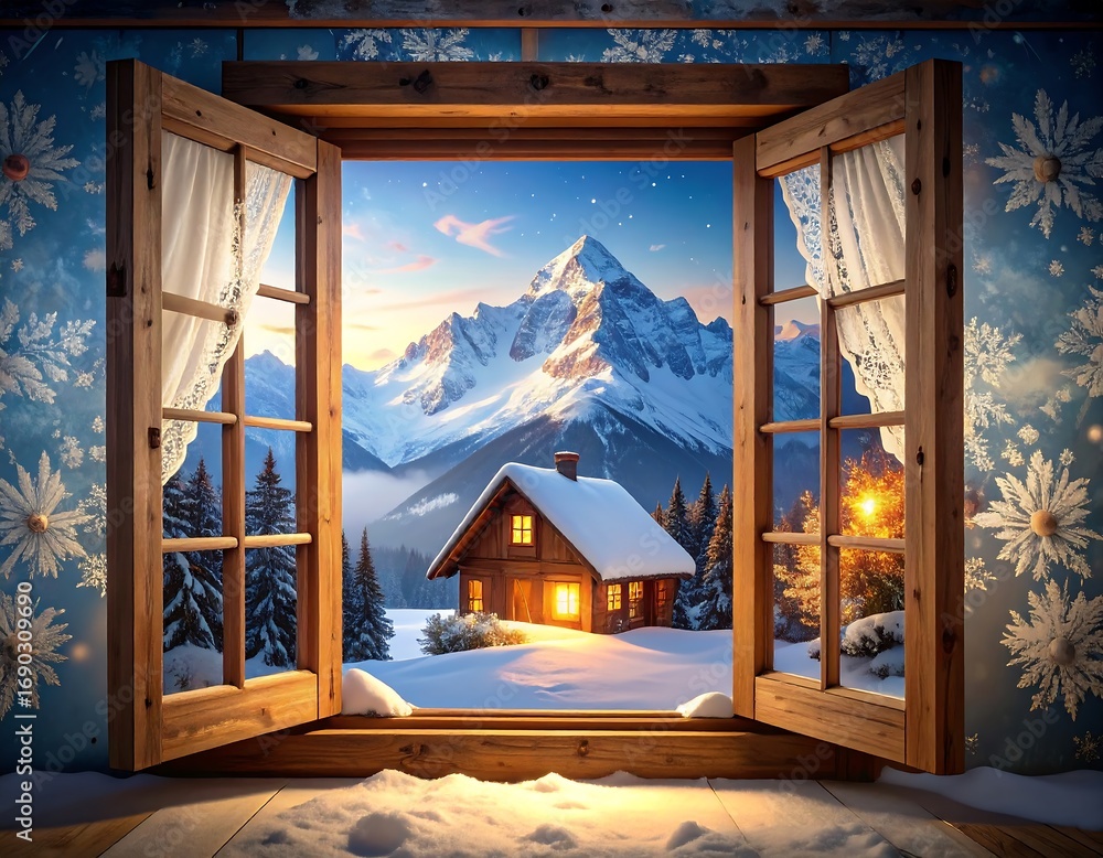 Obraz premium Snowy mountain cabin at dawn through window