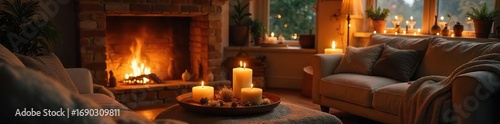 Cozy living room interior with various candles creating a warm and inviting ambiance Perfect for home decor, relaxation, and hygge aesthetic blogs , cozy, taper candle