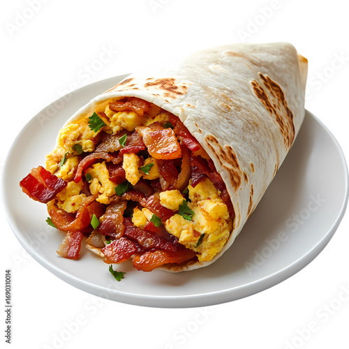 Studio shot of a breakfast burrito filled with scrambled eggs and sausage isolated on transparent background