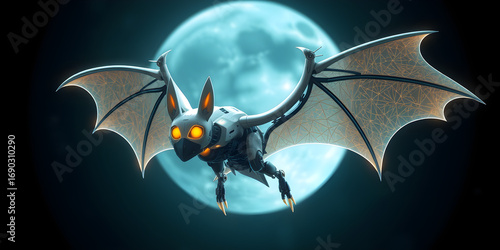 Futuristic bat flying animal robot technology ai generated creature halloween concept art design illustration