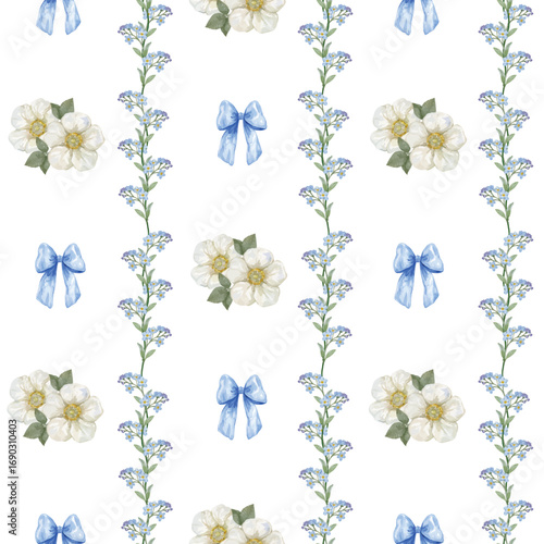Seamless pattern of Dog Rose, forget me not flower and ribbon hand drawn watercolor isolated on transparent background