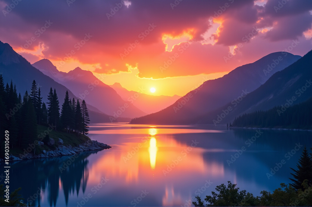 custom made wallpaper toronto digitalScenic view of a lake surrounded by mountains during sunset.