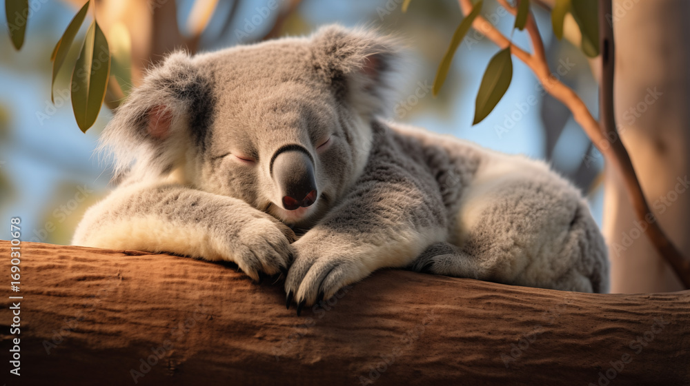Obraz premium a koala sleeping on an eucalyptus tree