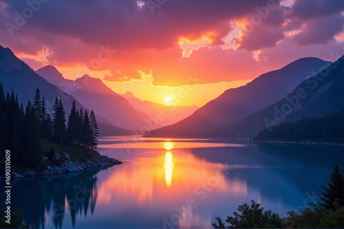 Wallpaper Mural Scenic view of a lake surrounded by mountains during sunset. Torontodigital.ca