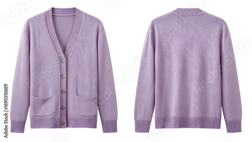 Classic lavender V-neck cardigan sweater mockup with front and back views, showing long sleeves and pockets for a stylish apparel presentation