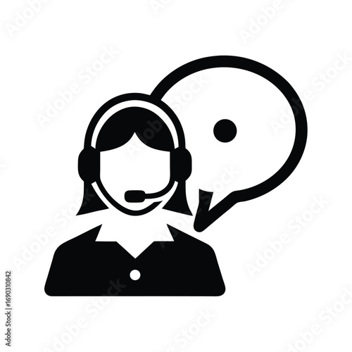 Black silhouette presents a woman with a headset and large speech bubble icon