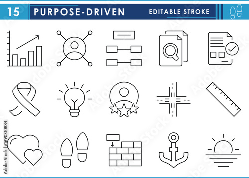 A set of line icons related to Purpose-driven. Purpose, graph, love, wall, anchor, hope, idea, creative, and so on. Vector editable stroke.