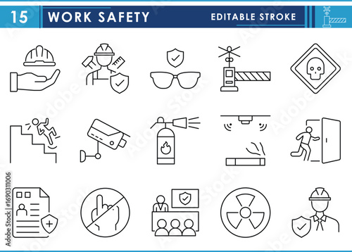 A set of line icons related to Work Safety. Worker, insurance, safe, training, fire, goggles, workplace, emergency, and so on. Vector editable stroke.