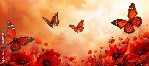 Tranquil meadow abloom with wildflowers and fluttering butterflies in a peaceful landscape