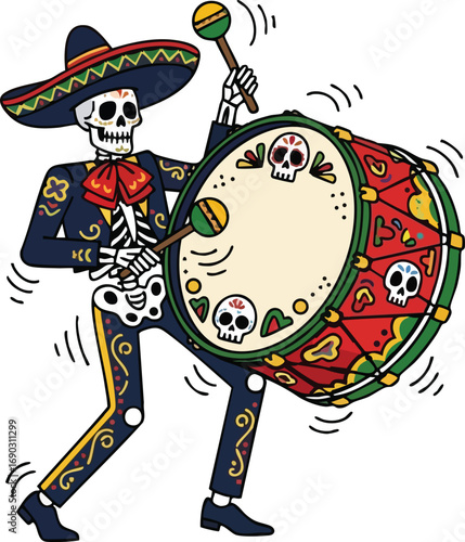 Drummer skeleton with big bass drum, skeleton plays the drum vector