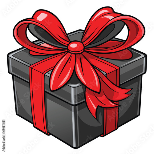 Cartoon black gift box with bright red ribbon and bow offers a stylish presentation