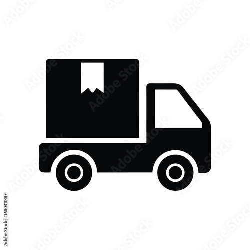 Black silhouette shows the profile of a delivery truck carrying one package