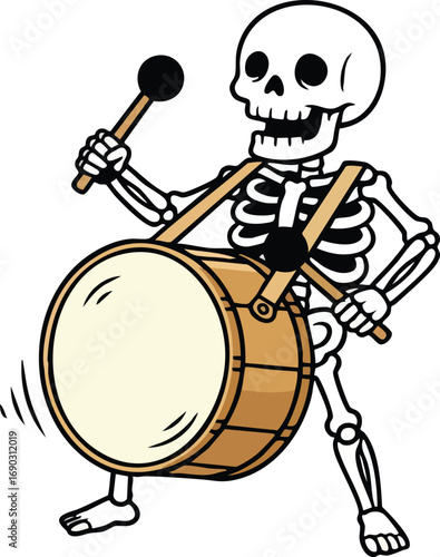 Drummer skeleton with big bass drum, skeleton plays the drum vector