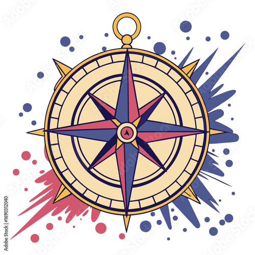 Ornate compass rose displays navigational symbol with red and blue abstract elements against white