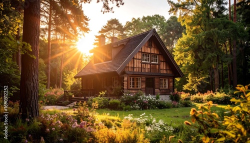 Fototapeta Naklejka Na Ścianę i Meble -  Wooden house in a sunlit forest garden