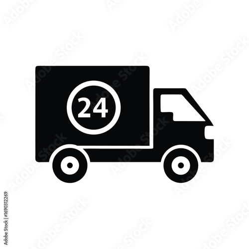 Black truck icon shows available twentyfour hours delivery service on a white background