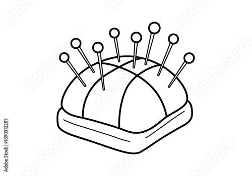 Pin cushion drawing. It is a line art sketch of a pincushion, a small sewing tool used to store pins and needles, often featuring pins stuck into its surface. Vector sketch line art draw.