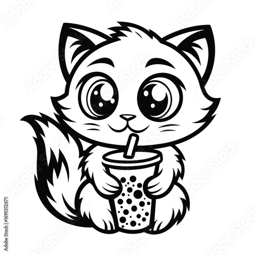 Cartoon cat drinks milk tea with straw and boba bubbles inside a cup