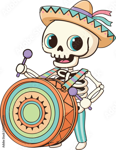 Drummer skeleton with big bass drum, skeleton plays the drum vector