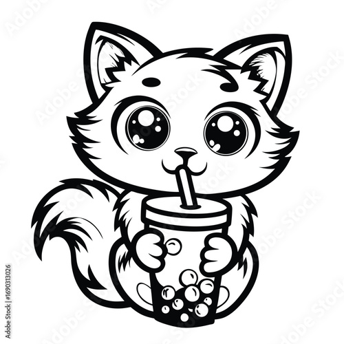 Cartoon cat lovingly holds boba tea, sipping sweetly through a red and white striped straw