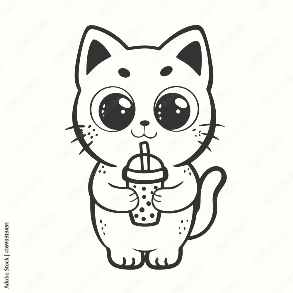 Fototapeta premium Cartoon kitten happily enjoys its bubble tea with cute, round eyes and a friendly smile