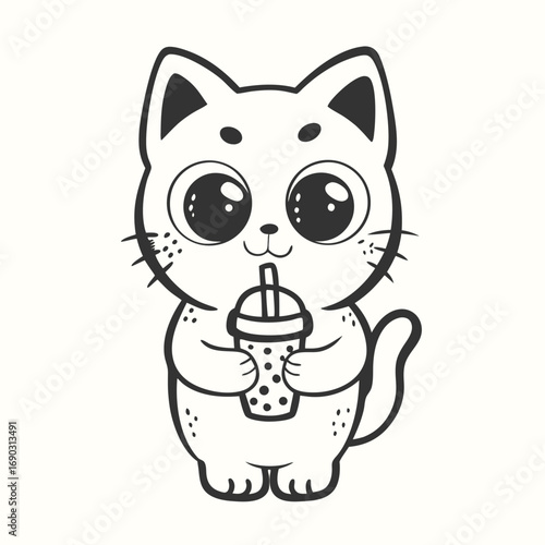 Cartoon kitten happily enjoys its bubble tea with cute, round eyes and a friendly smile