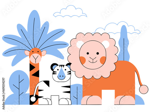 Flat vector illustration of cute jungle animals, minimalist style, clean lines, white background, suitable for Adobe Stock, high resolution”