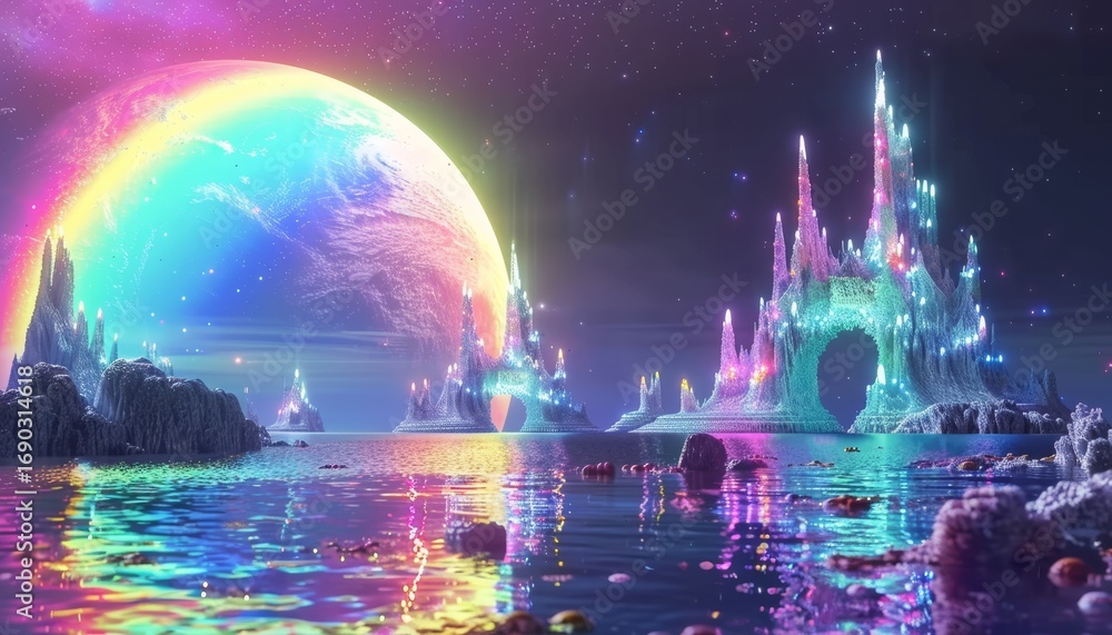 Fototapeta premium Surreal dreamscape showcasing vibrant rainbow colored mountains beneath a mystical sky