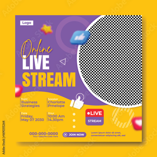 Happy young woman broadcasting live stream online with camera and ring light for social media marketing